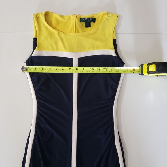 Lauren Ralph Lauren Colorblock Ruched Sheath Dress Navy Yellow Size 2 - Picture 6 of 12